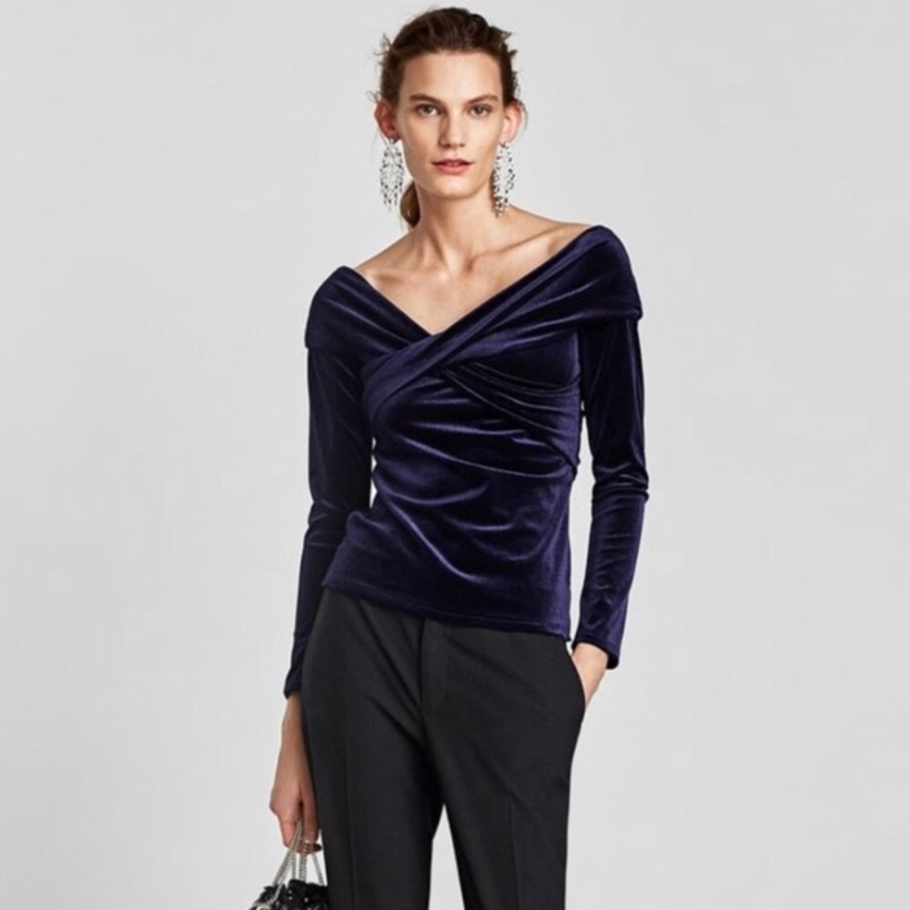 Navy Velvet Off the Shoulder Top